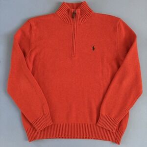 Vintage Polo Ralph Lauren 1/4 Zip Orange Cotton Knit Mens Pullover Sweater